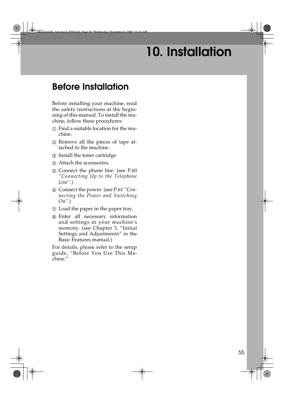 Installation, Before installation | Ricoh FAX1400L User Manual | Page 67 / 88