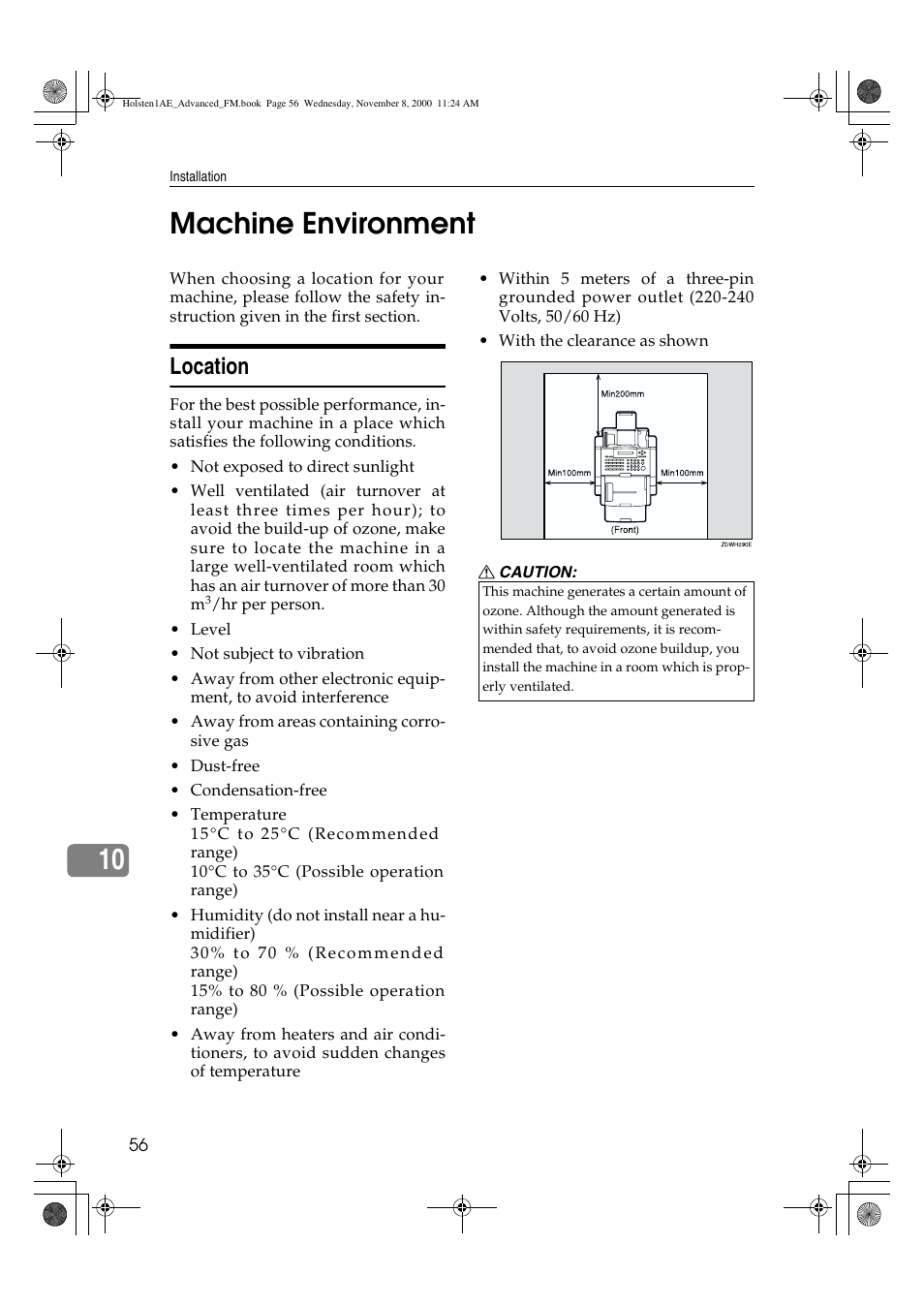 Machine environment, 10 machine environment, Location | Ricoh FAX1400L User Manual | Page 68 / 88