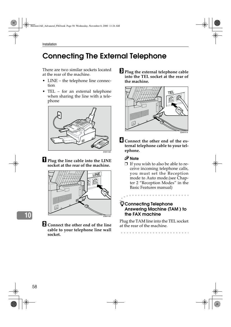 Connecting the external telephone, 10 connecting the external telephone | Ricoh FAX1400L User Manual | Page 70 / 88