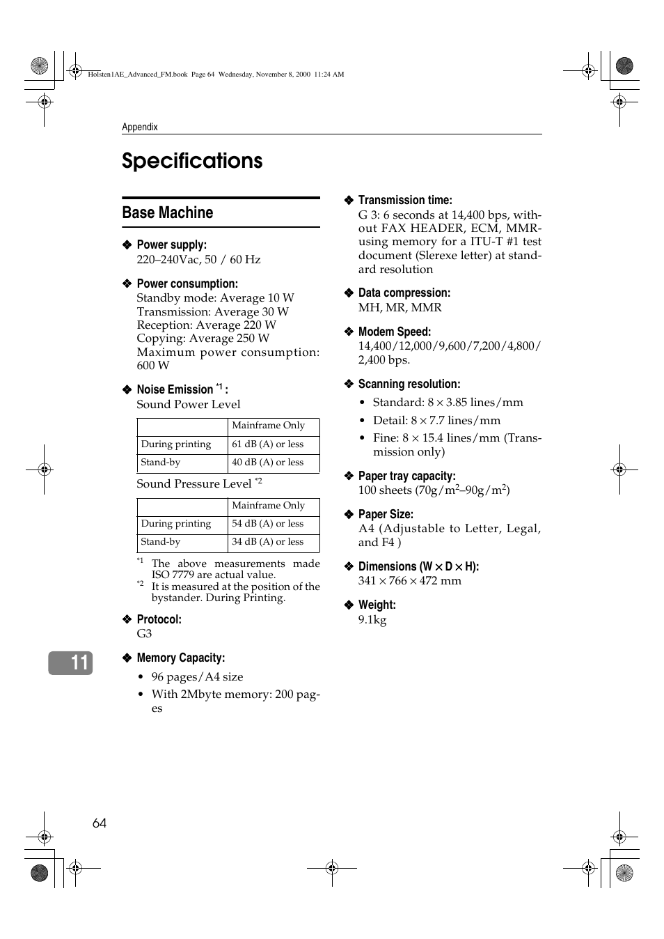 Specifications, 11 specifications, Base machine | Ricoh FAX1400L User Manual | Page 76 / 88