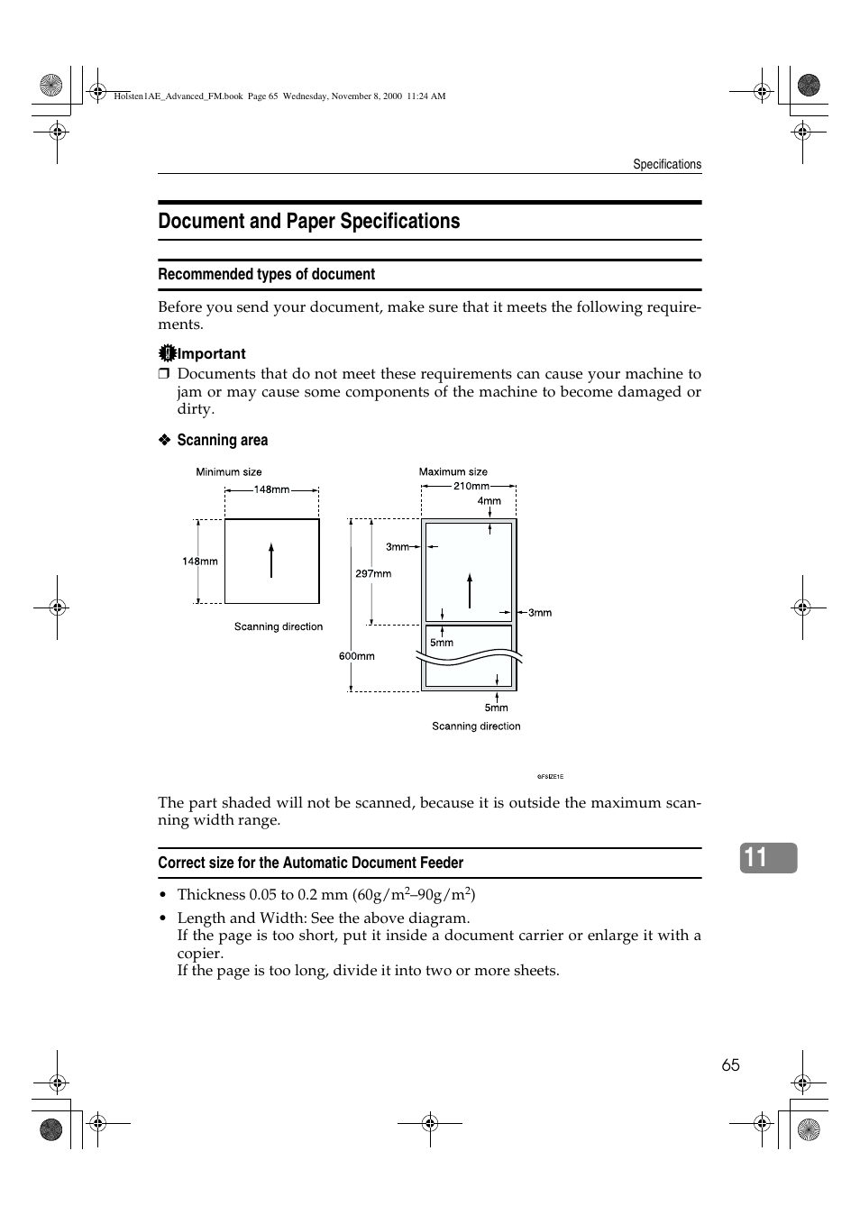 Document and paper specifications | Ricoh FAX1400L User Manual | Page 77 / 88