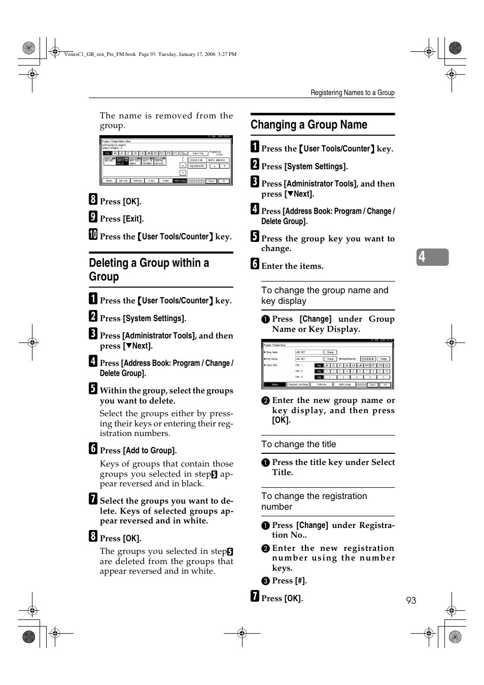 Deleting a group within a group, Changing a group name | Ricoh Aficio Color 5560 User Manual | Page 105 / 200