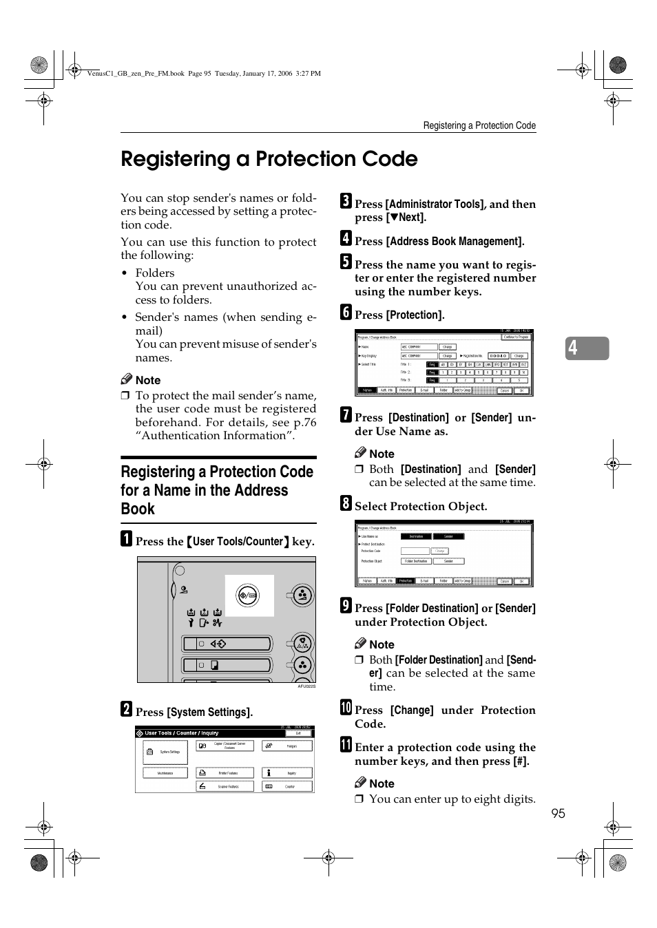 4registering a protection code | Ricoh Aficio Color 5560 User Manual | Page 107 / 200