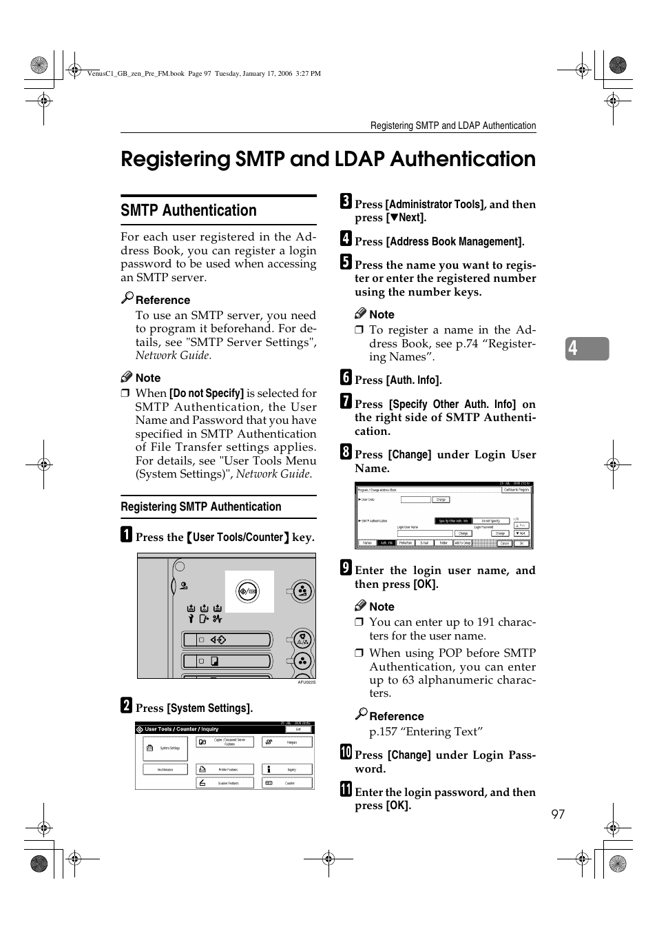 4registering smtp and ldap authentication, Smtp authentication | Ricoh Aficio Color 5560 User Manual | Page 109 / 200