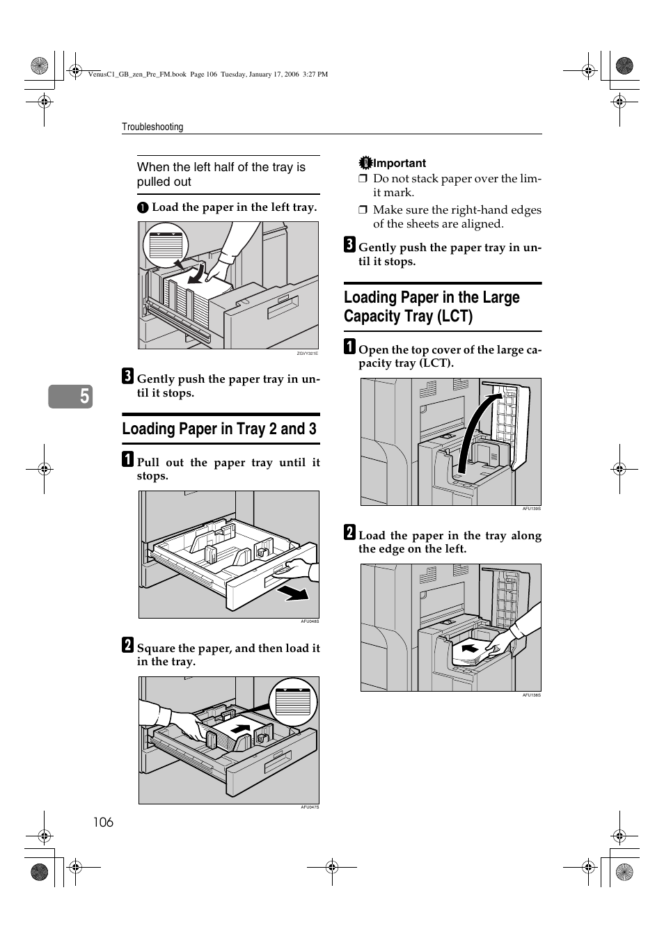 Loading paper in tray 2 and 3, Loading paper in the large capacity tray (lct) | Ricoh Aficio Color 5560 User Manual | Page 118 / 200