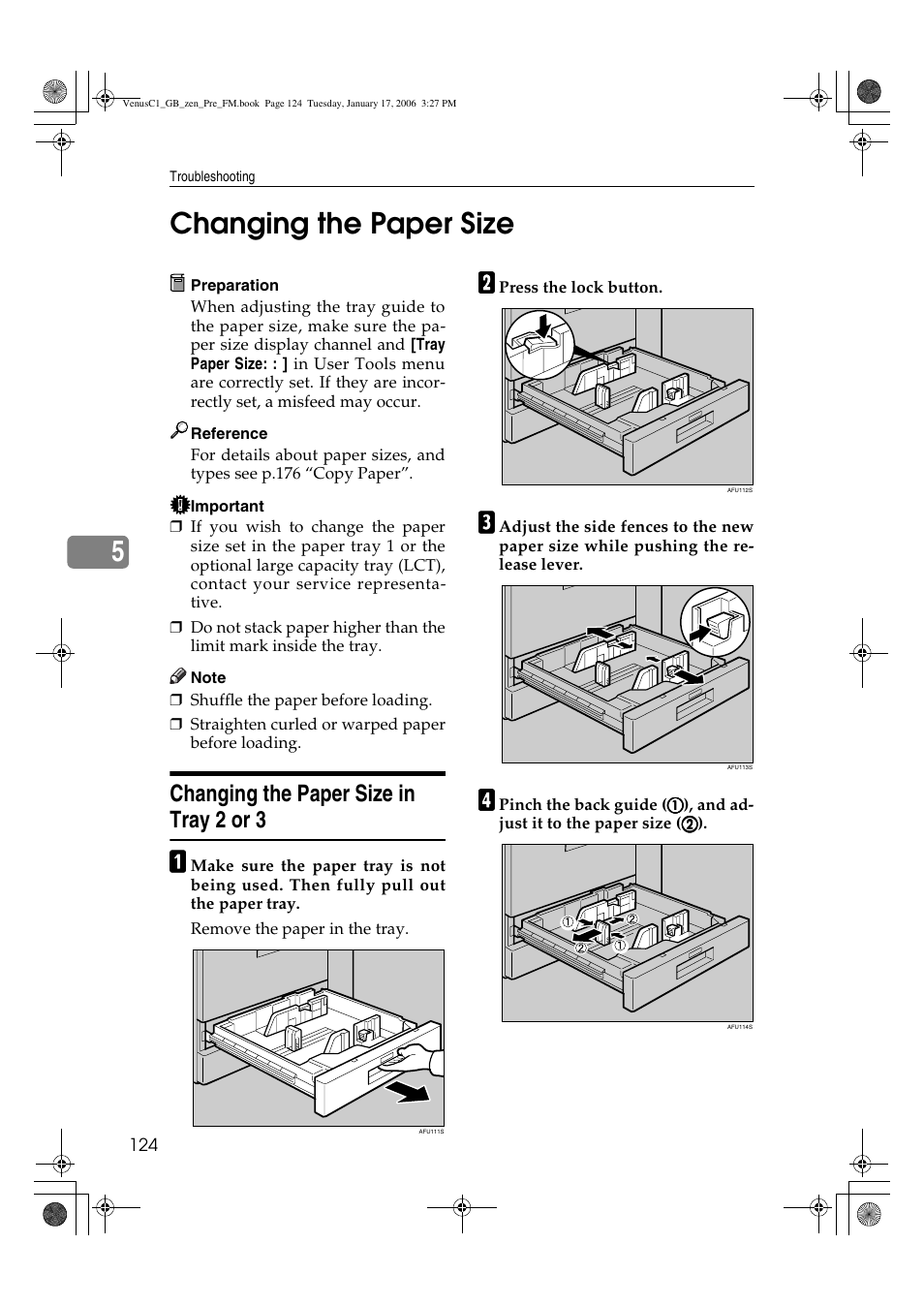 5changing the paper size, Changing the paper size in tray 2 or 3 | Ricoh Aficio Color 5560 User Manual | Page 136 / 200