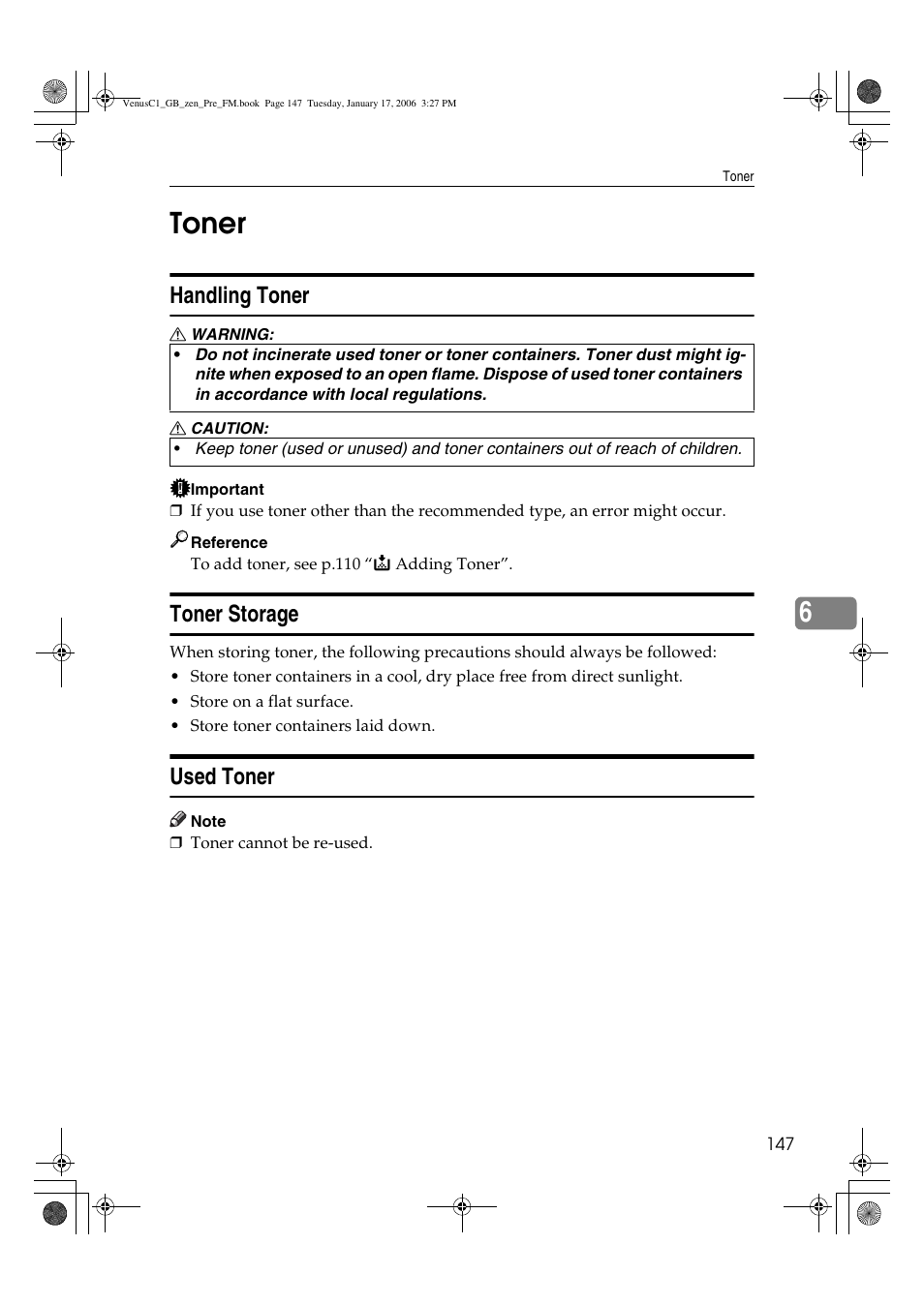6toner, Handling toner, Toner storage | Used toner | Ricoh Aficio Color 5560 User Manual | Page 159 / 200