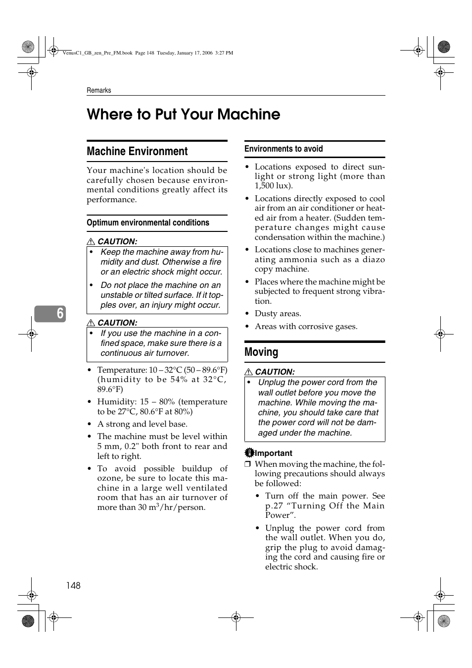 6where to put your machine, Machine environment, Moving | Ricoh Aficio Color 5560 User Manual | Page 160 / 200