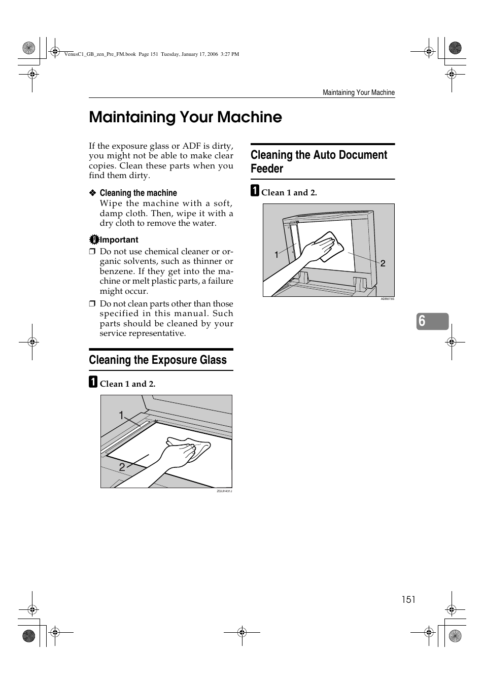 6maintaining your machine, Cleaning the exposure glass, Cleaning the auto document feeder | Ricoh Aficio Color 5560 User Manual | Page 163 / 200