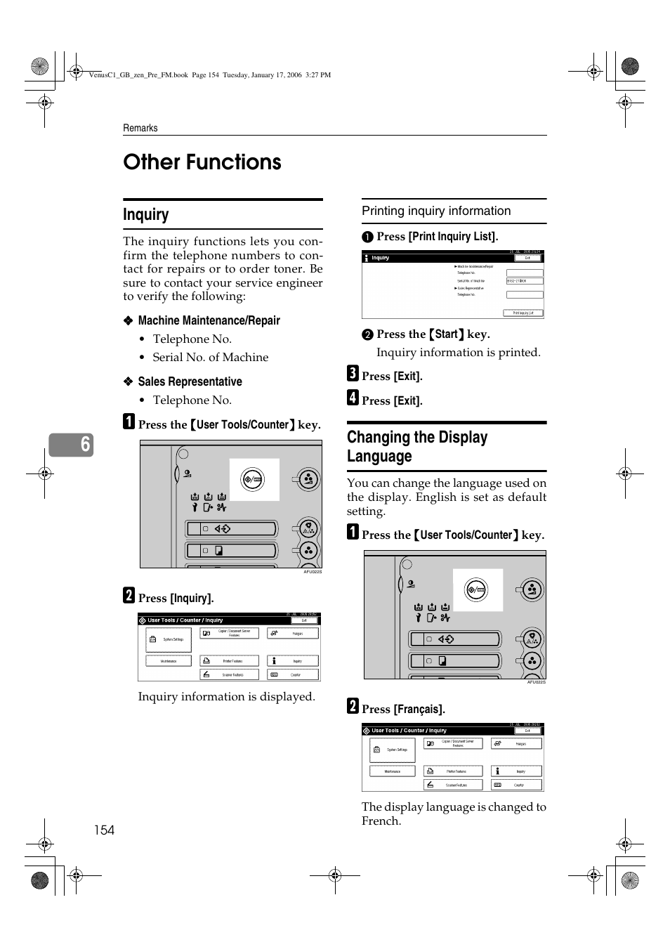 6other functions, Inquiry, Changing the display language | Ricoh Aficio Color 5560 User Manual | Page 166 / 200