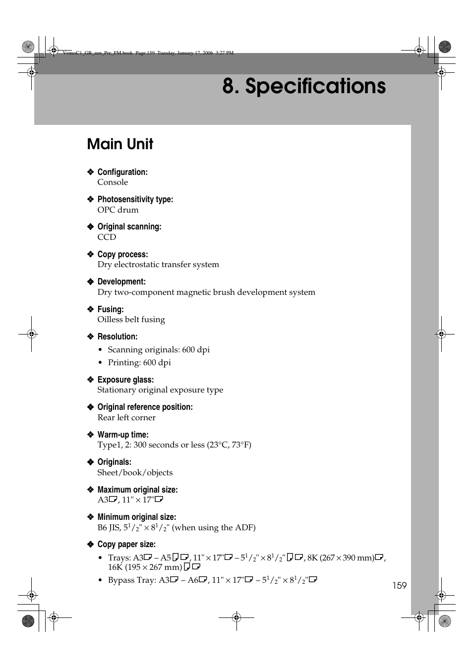 Specifications, Main unit | Ricoh Aficio Color 5560 User Manual | Page 171 / 200