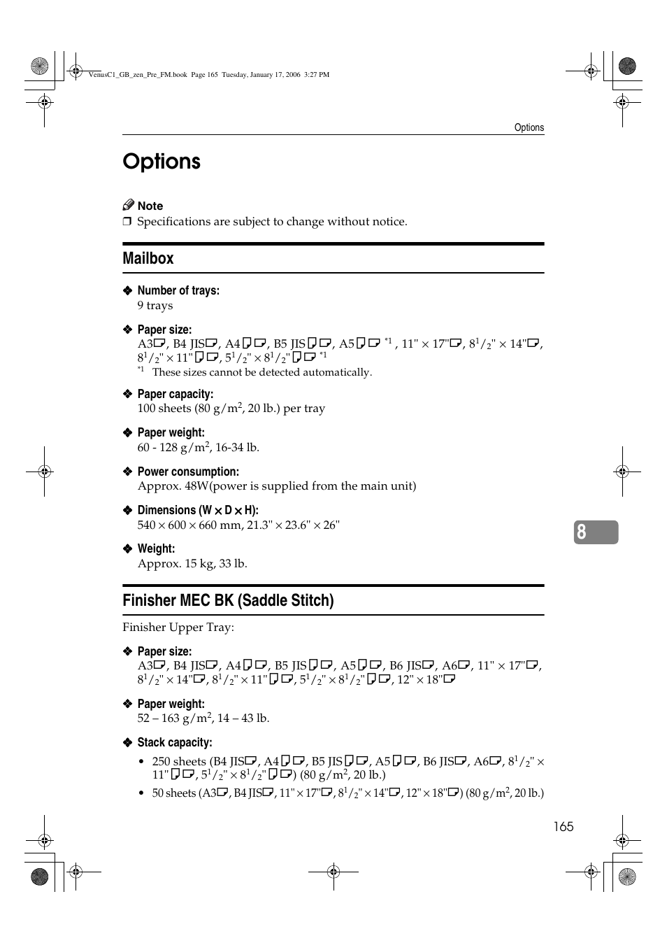 8options, Mailbox, Finisher mec bk (saddle stitch) | Ricoh Aficio Color 5560 User Manual | Page 177 / 200