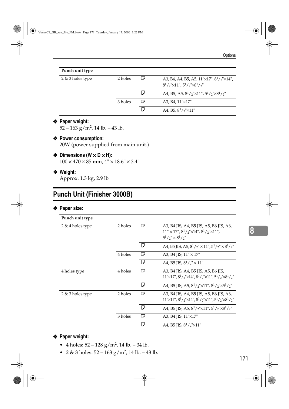 Punch unit (finisher 3000b), 14 lb. – 43 lb | Ricoh Aficio Color 5560 User Manual | Page 183 / 200