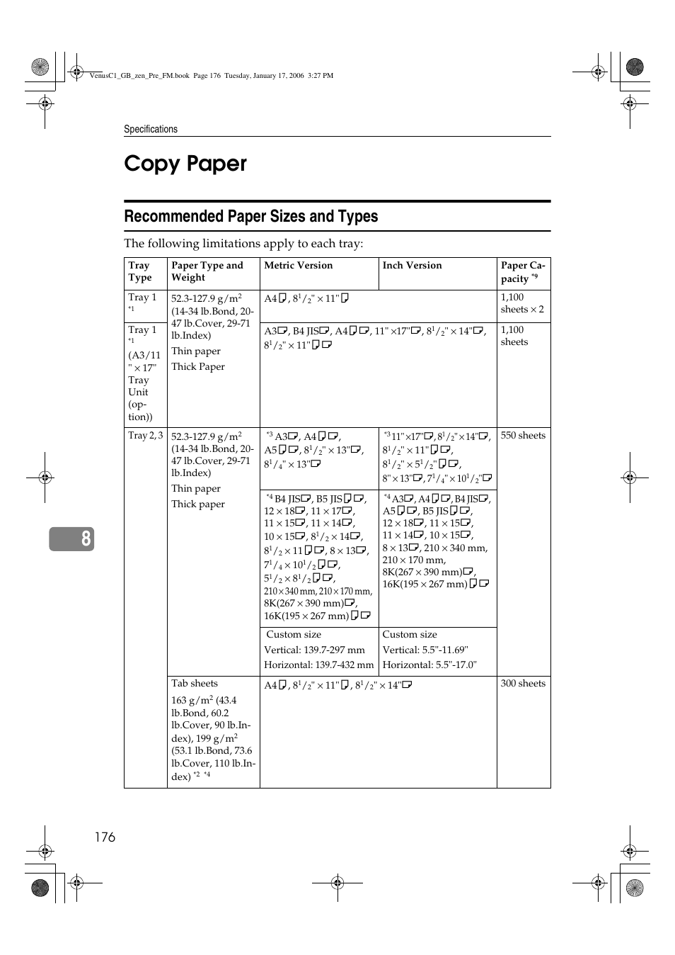 8copy paper, Recommended paper sizes and types, The following limitations apply to each tray | Ricoh Aficio Color 5560 User Manual | Page 188 / 200