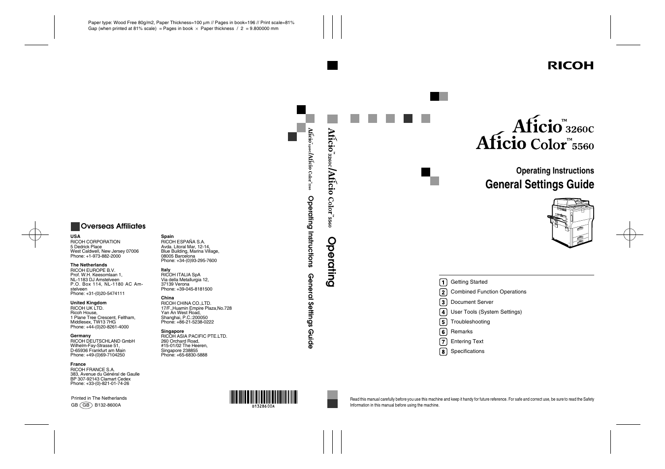 General settings guide, Op era tin g, Operating instructions | Ricoh Aficio Color 5560 User Manual | Page 200 / 200