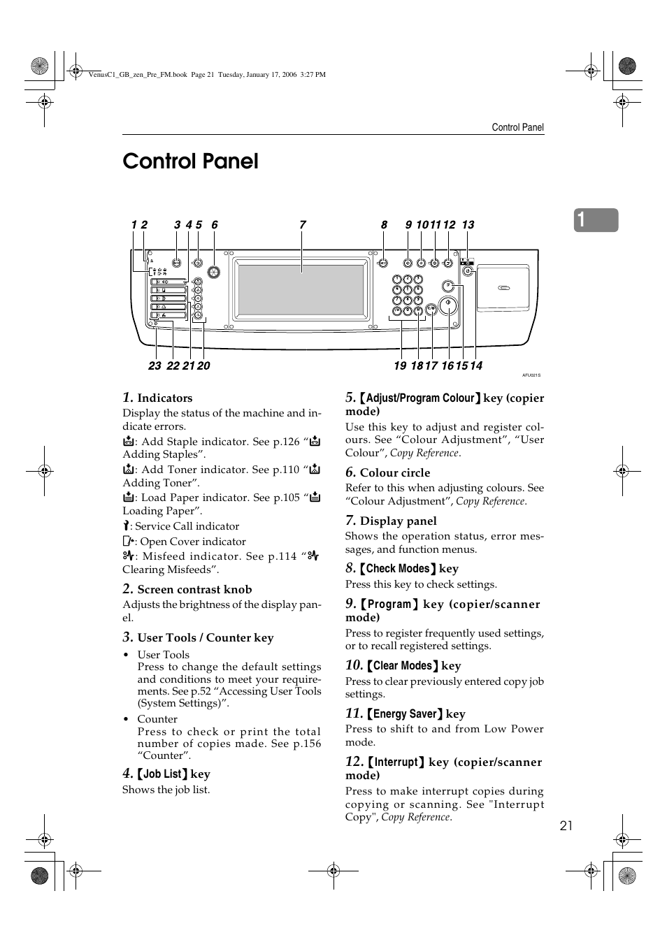 1control panel | Ricoh Aficio Color 5560 User Manual | Page 33 / 200