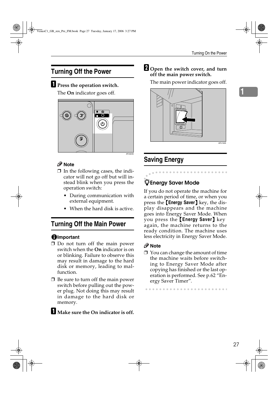 Turning off the power, Turning off the main power, Saving energy | Ricoh Aficio Color 5560 User Manual | Page 39 / 200