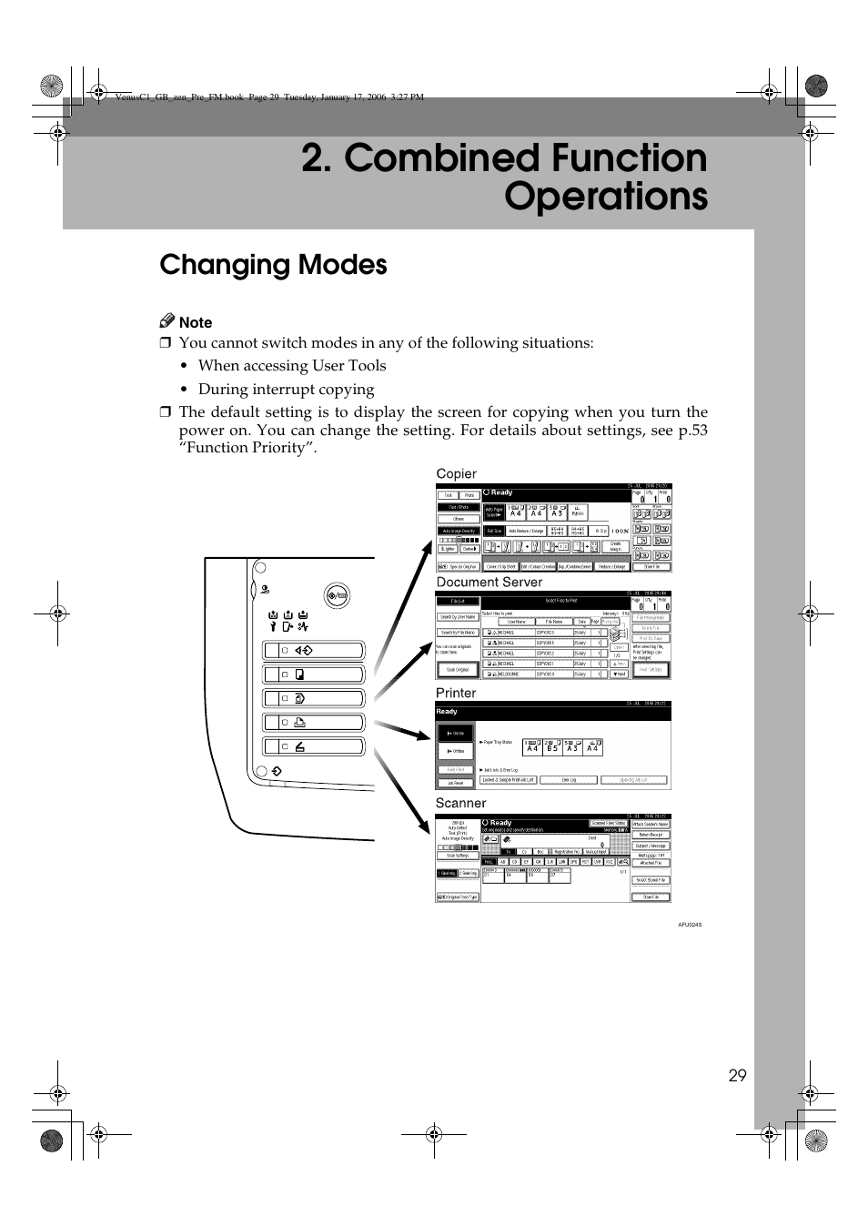 Combined function operations, Changing modes | Ricoh Aficio Color 5560 User Manual | Page 41 / 200