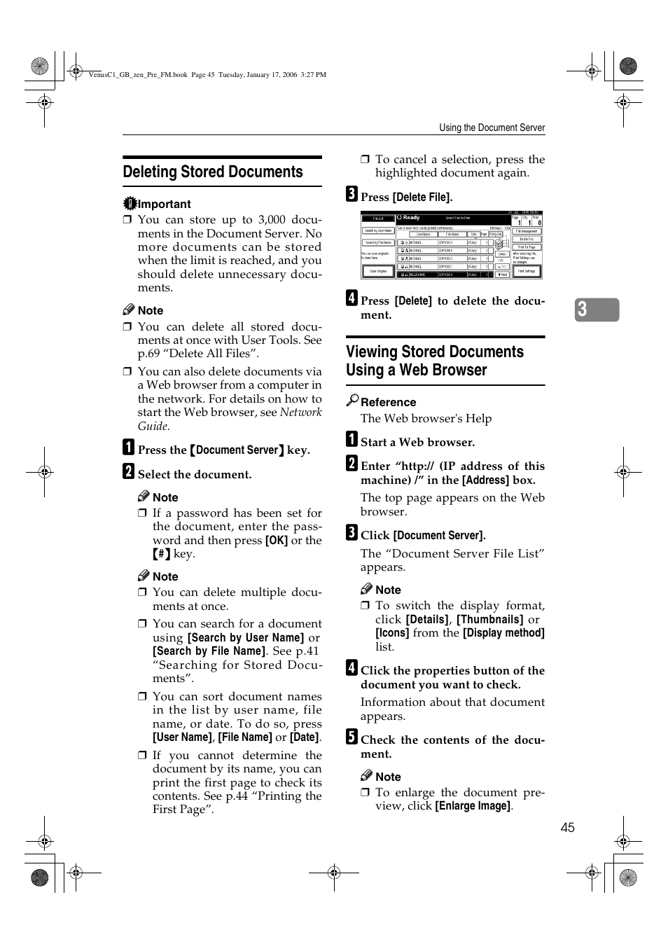 Deleting stored documents, Viewing stored documents using a web browser | Ricoh Aficio Color 5560 User Manual | Page 57 / 200