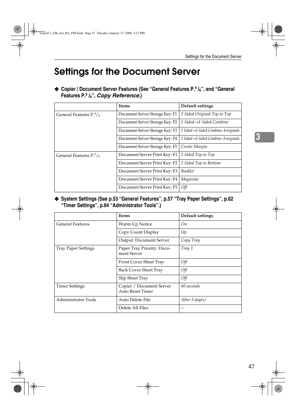 3settings for the document server | Ricoh Aficio Color 5560 User Manual | Page 59 / 200