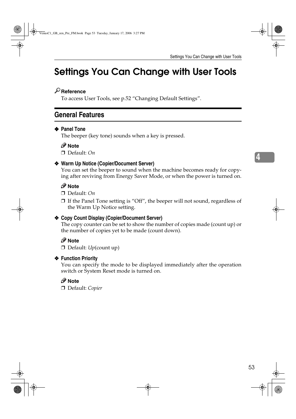 4settings you can change with user tools, General features | Ricoh Aficio Color 5560 User Manual | Page 65 / 200
