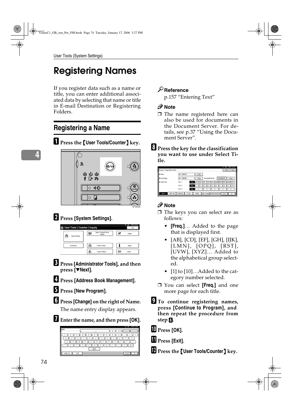 4registering names, Registering a name | Ricoh Aficio Color 5560 User Manual | Page 86 / 200