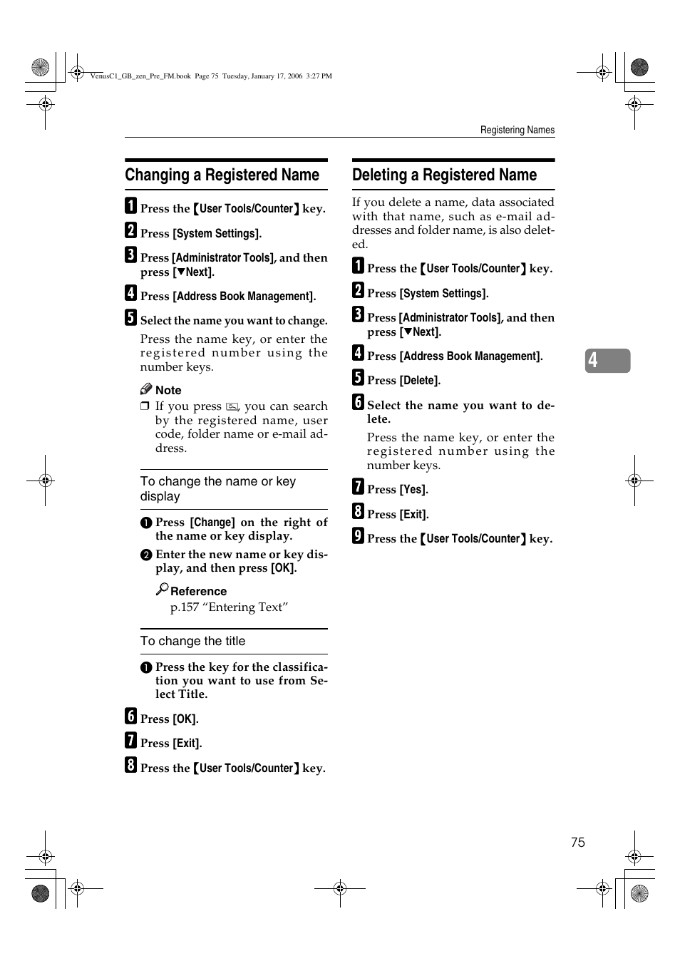 Changing a registered name, Deleting a registered name | Ricoh Aficio Color 5560 User Manual | Page 87 / 200