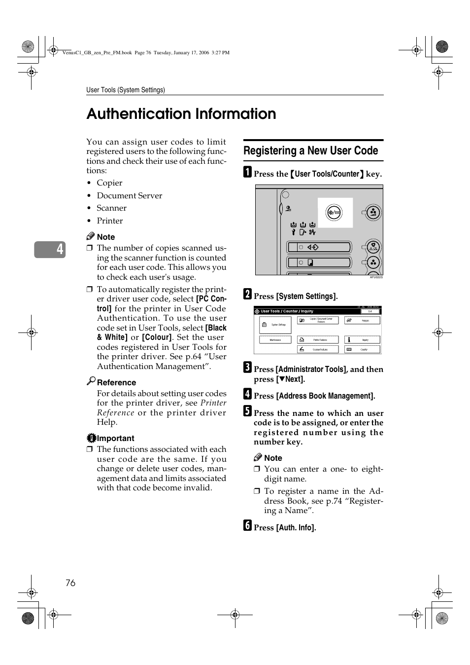 4authentication information, Registering a new user code | Ricoh Aficio Color 5560 User Manual | Page 88 / 200