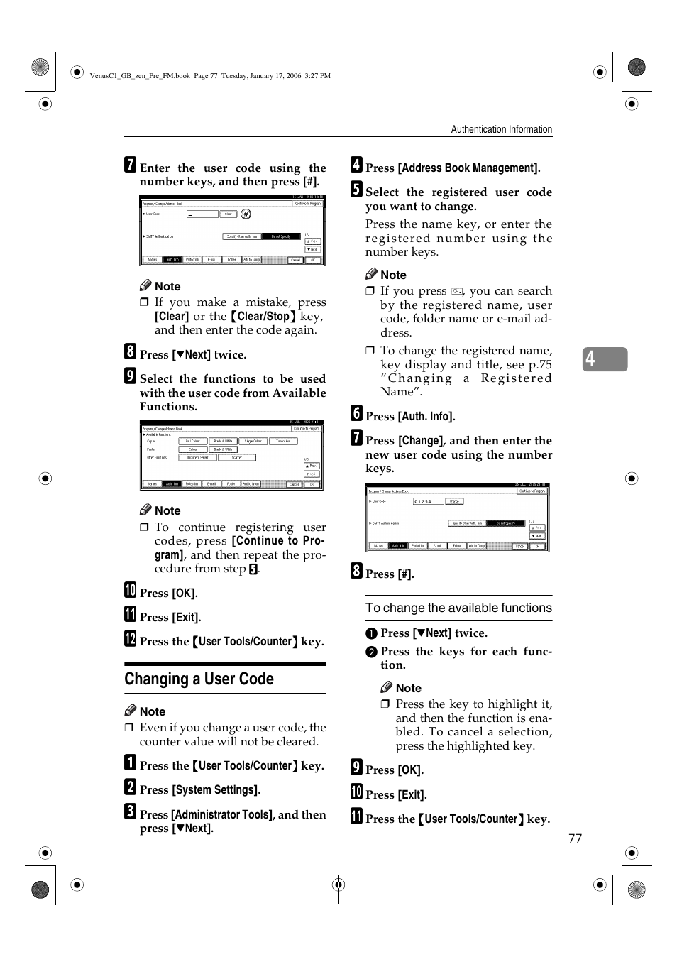 Changing a user code | Ricoh Aficio Color 5560 User Manual | Page 89 / 200