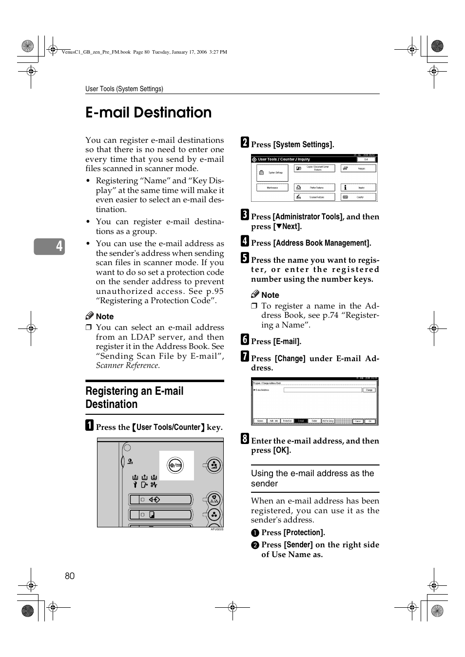 4e-mail destination, Registering an e-mail destination | Ricoh Aficio Color 5560 User Manual | Page 92 / 200