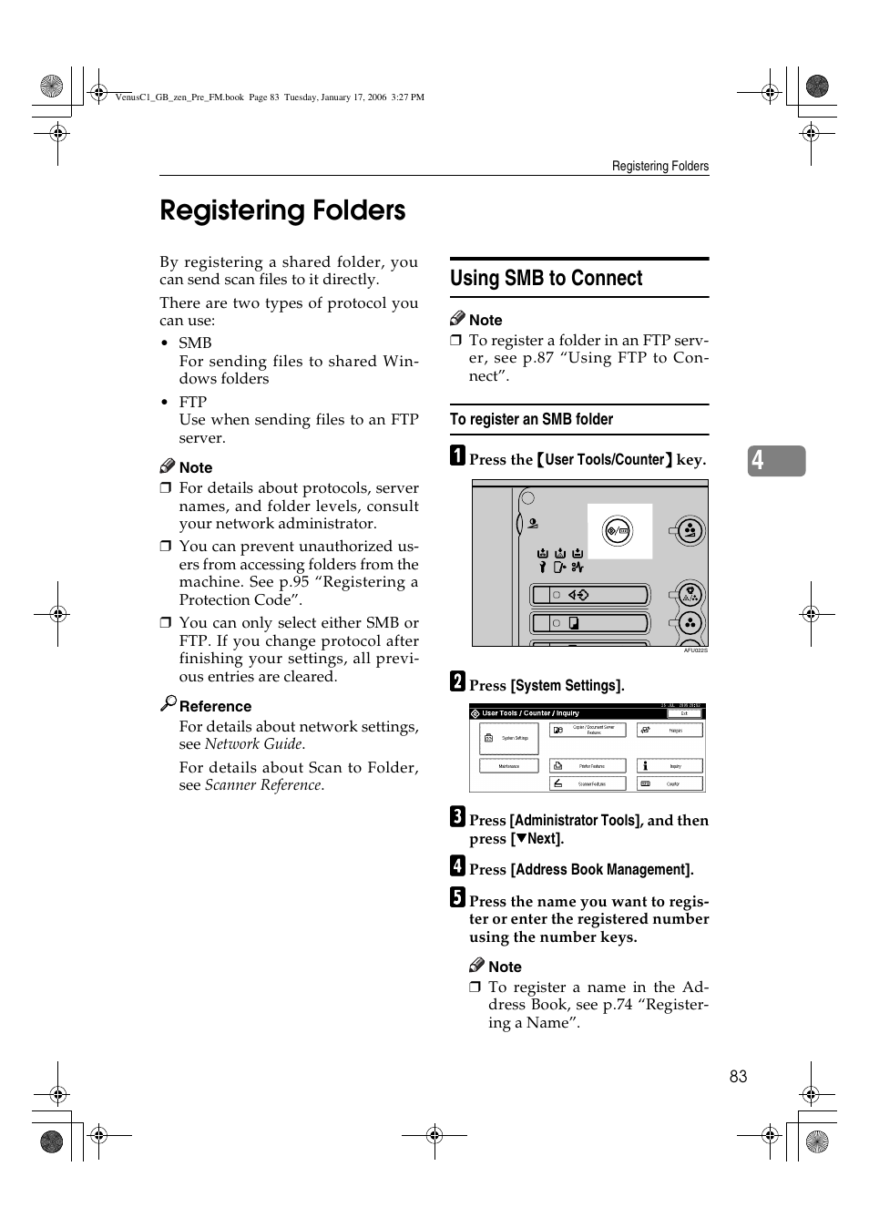 4registering folders, Using smb to connect | Ricoh Aficio Color 5560 User Manual | Page 95 / 200
