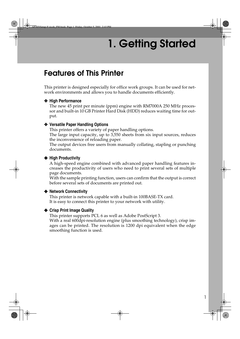 Getting started, Features of this printer | Ricoh AP4510 User Manual | Page 11 / 424