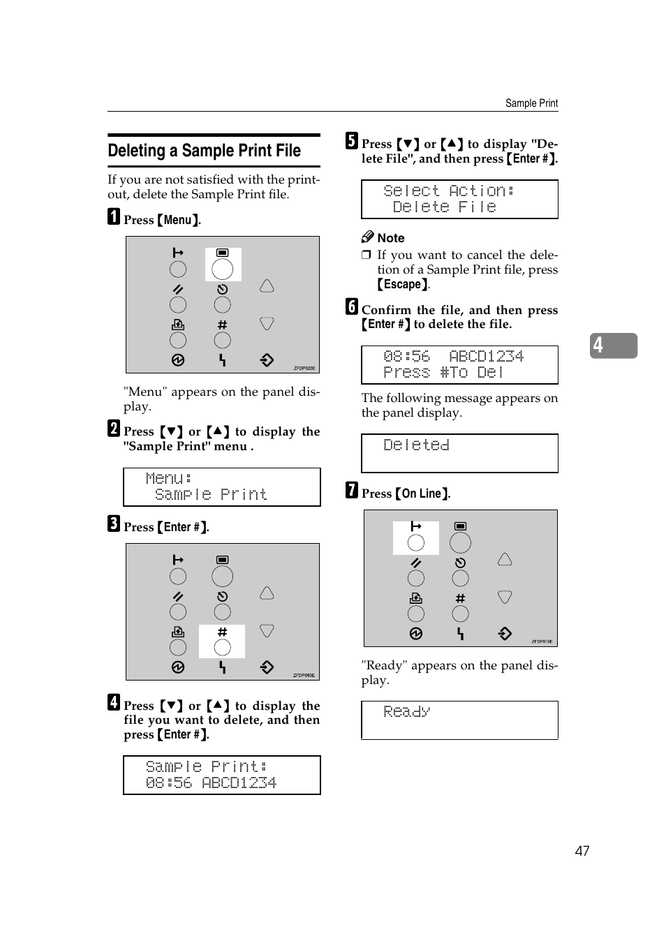 Deleting a sample print file | Ricoh AP4510 User Manual | Page 121 / 424