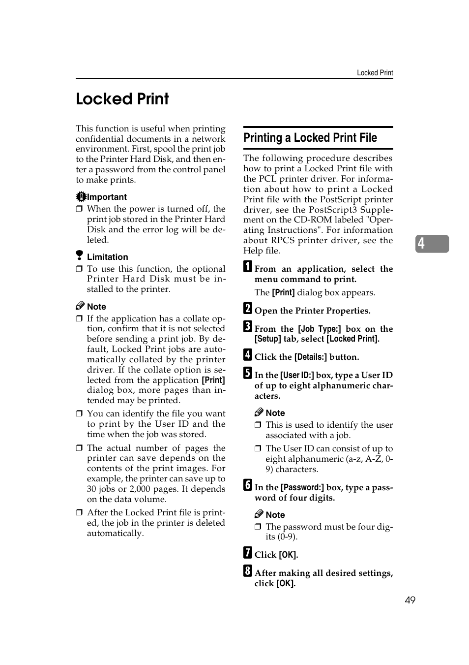 Locked print, Printing a locked print file, 4locked print | Ricoh AP4510 User Manual | Page 123 / 424