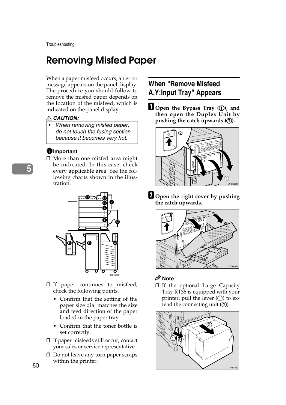 Removing misfed paper, When "remove misfeed a,y:input tray" appears, Ee p.80 “removing misfed paper | P.80 “when "remove misfeed a,y:input tray" appears, P.80 “removing misfed paper, 5removing misfed paper | Ricoh AP4510 User Manual | Page 154 / 424