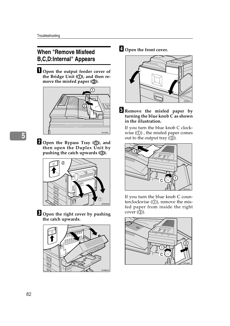 When "remove misfeed b,c,d:internal" appears, P.82 “when "remove misfeed b,c,d:internal" appears | Ricoh AP4510 User Manual | Page 156 / 424