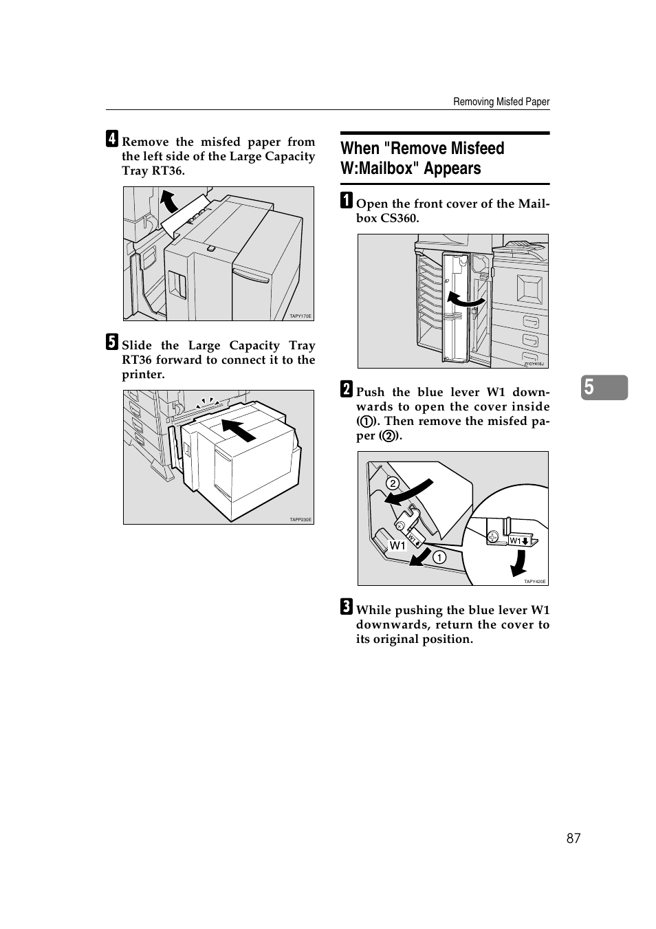When "remove misfeed w:mailbox" appears, P.87 “when "remove misfeed w:mailbox" appears | Ricoh AP4510 User Manual | Page 161 / 424
