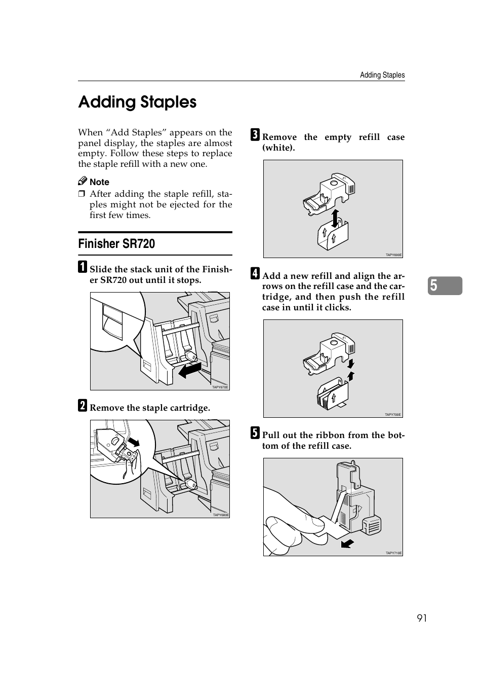 Adding staples, Finisher sr720, 5adding staples | Ricoh AP4510 User Manual | Page 165 / 424