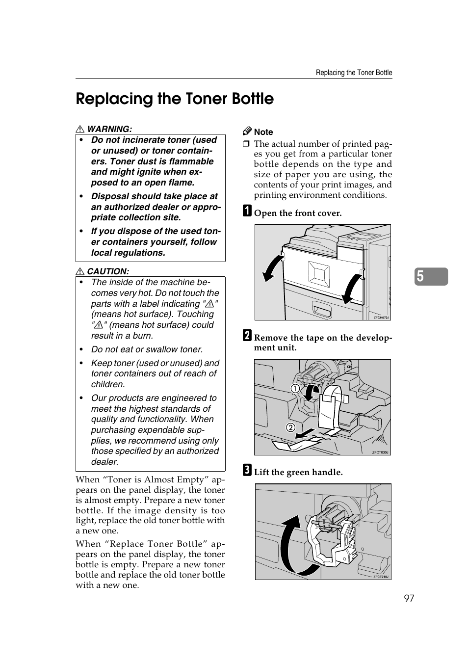 Replacing the toner bottle, 5replacing the toner bottle | Ricoh AP4510 User Manual | Page 171 / 424