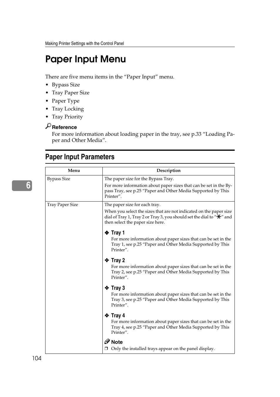 Paper input menu, Paper input parameters, P.104 “paper input menu | P.104, 6paper input menu | Ricoh AP4510 User Manual | Page 178 / 424