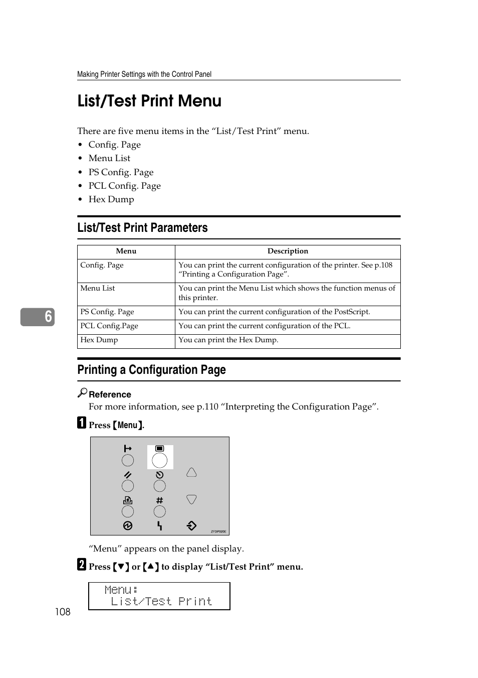 List/test print menu, List/test print parameters, P.108 | 6list/test print menu | Ricoh AP4510 User Manual | Page 182 / 424