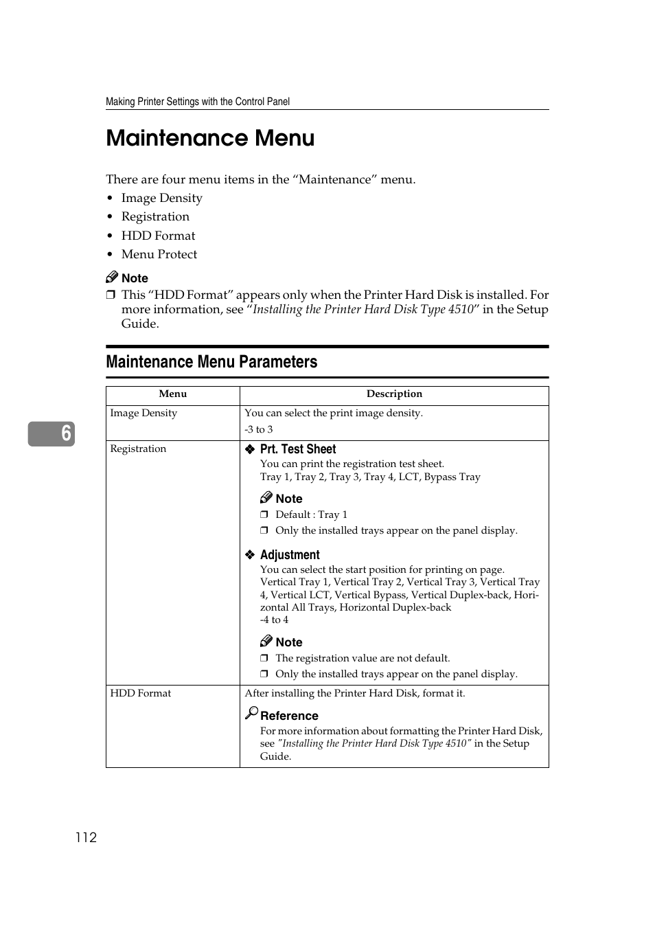 Maintenance menu, Maintenance menu parameters, P.112 “maintenance menu | P.112, 6maintenance menu | Ricoh AP4510 User Manual | Page 186 / 424