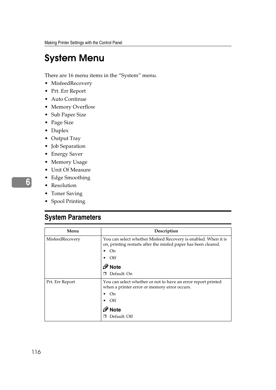 System menu, System parameters, 6system menu | Ricoh AP4510 User Manual | Page 190 / 424
