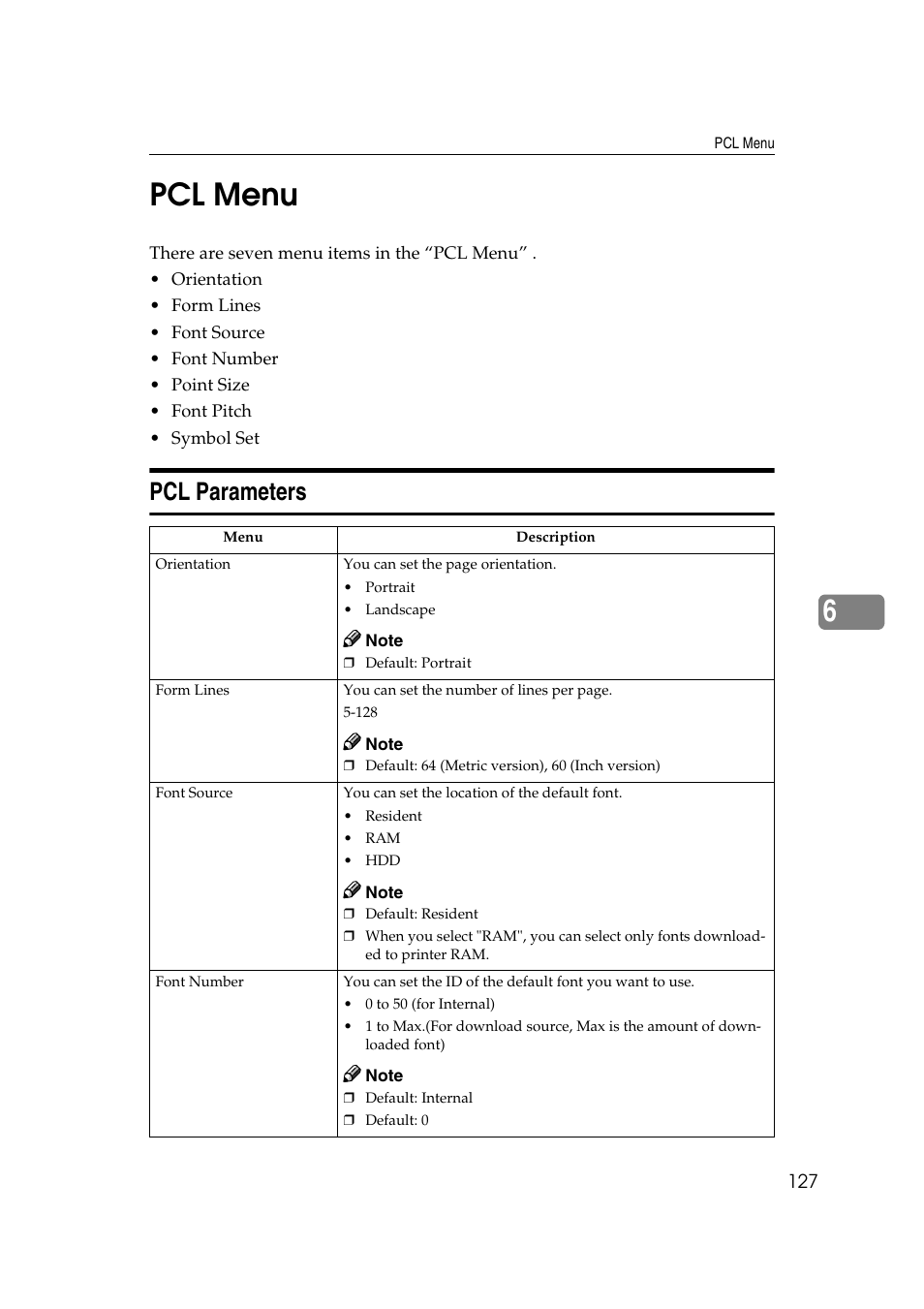 Pcl menu, Pcl parameters, Ee p.127 “pcl menu | 6pcl menu | Ricoh AP4510 User Manual | Page 201 / 424