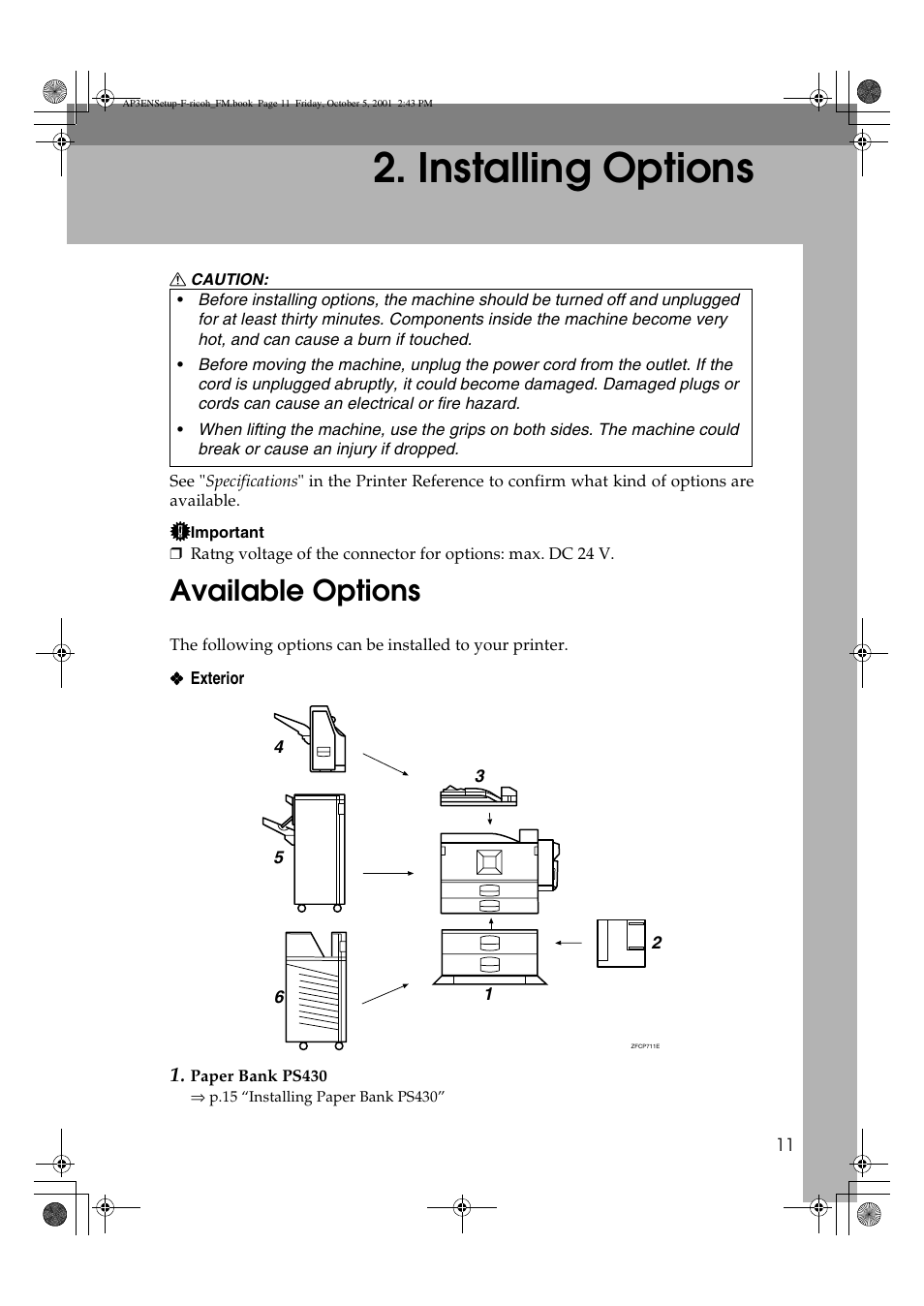 Installing options, Available options | Ricoh AP4510 User Manual | Page 21 / 424