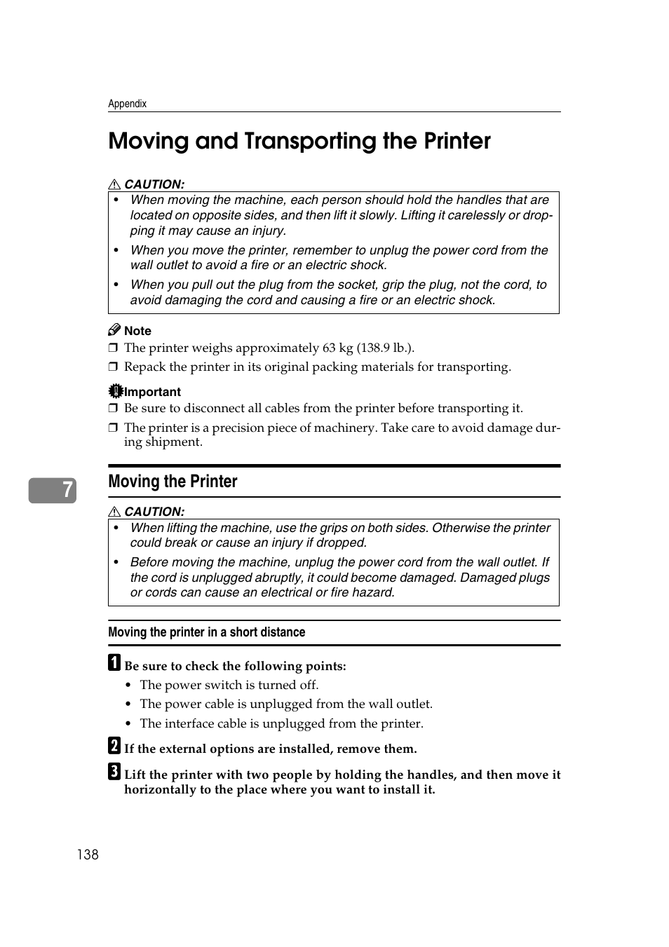 Moving and transporting the printer, Moving the printer, 7moving and transporting the printer | Ricoh AP4510 User Manual | Page 212 / 424