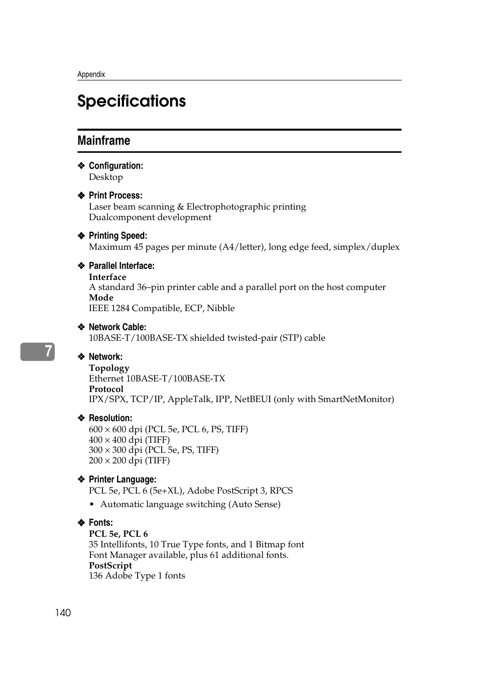 Specifications, Mainframe, 7specifications | Ricoh AP4510 User Manual | Page 214 / 424