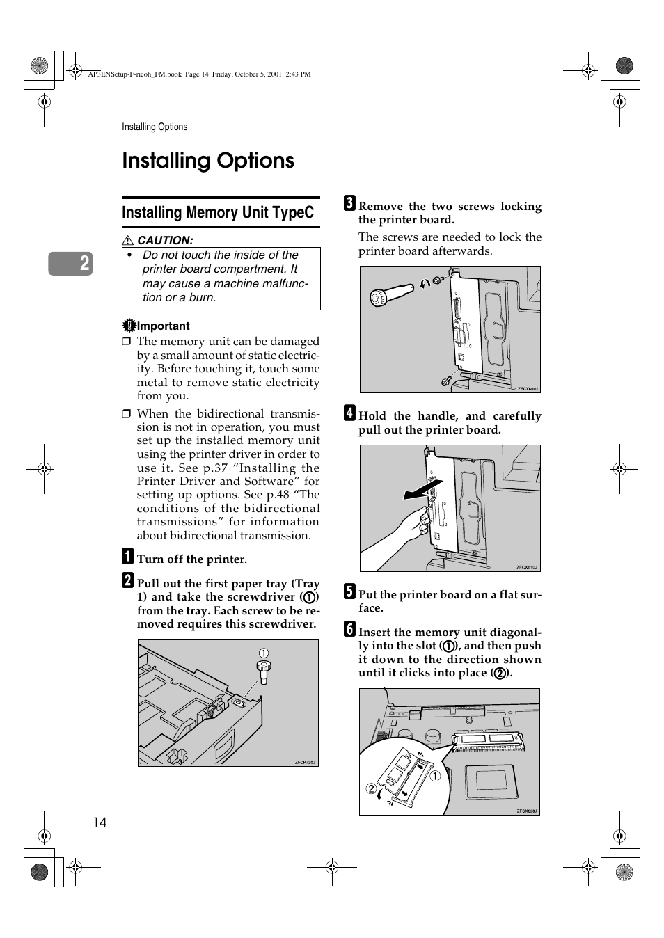 Installing options, Installing memory unit typec, 2installing options | Ricoh AP4510 User Manual | Page 24 / 424