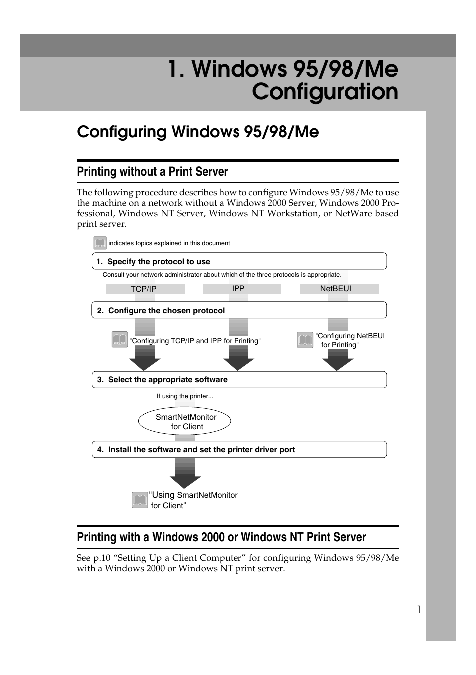  windows 95/98/me configuration, Configuring windows 95/98/me, Printing without a print server | Windows 95/98/me configuration | Ricoh AP4510 User Manual | Page 241 / 424