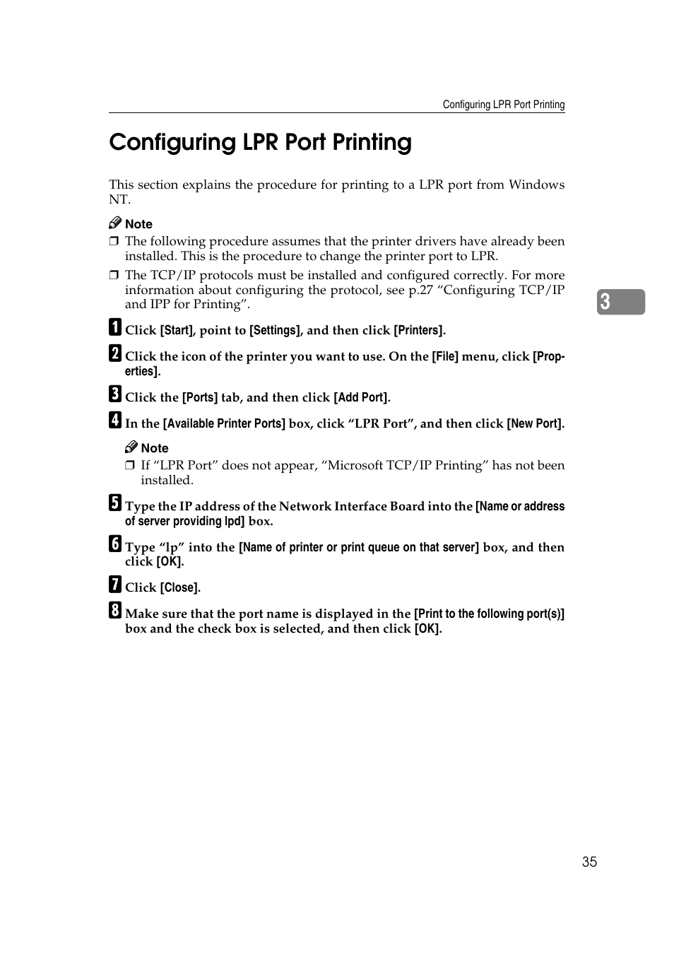 Configuring lpr port printing, 3configuring lpr port printing | Ricoh AP4510 User Manual | Page 275 / 424